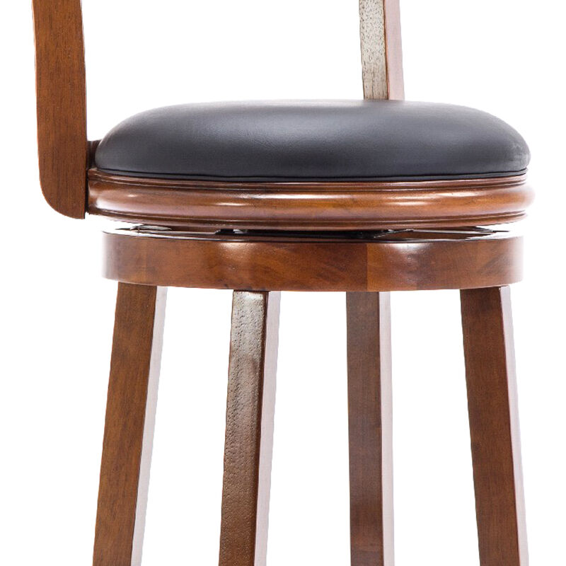 Pal 29 Inch Swivel Bar Stool, Solid Wood, Bonded Leather, Walnut Brown - Benzara image number 2