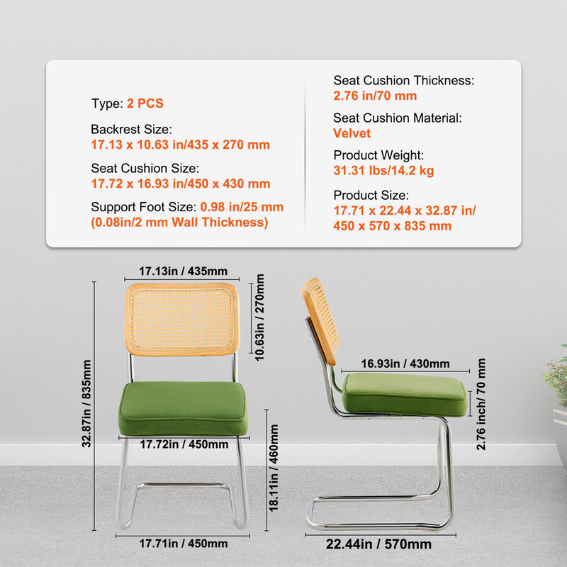 Set of 2 Rattan Dining Chairs Mid Century Modern Velvet Upholstered Accent Chairs