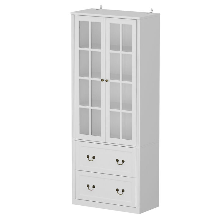 White Wooden 31.5 in. W Buffet Pantry Cabinet Kitchen Cabinet with Adjustable Shelves and Tempered Glass Doors, Drawers