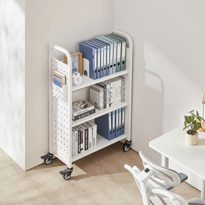 Rolling Library Book Cart with Lockable Wheels, L Shape Shelves for Home Office
