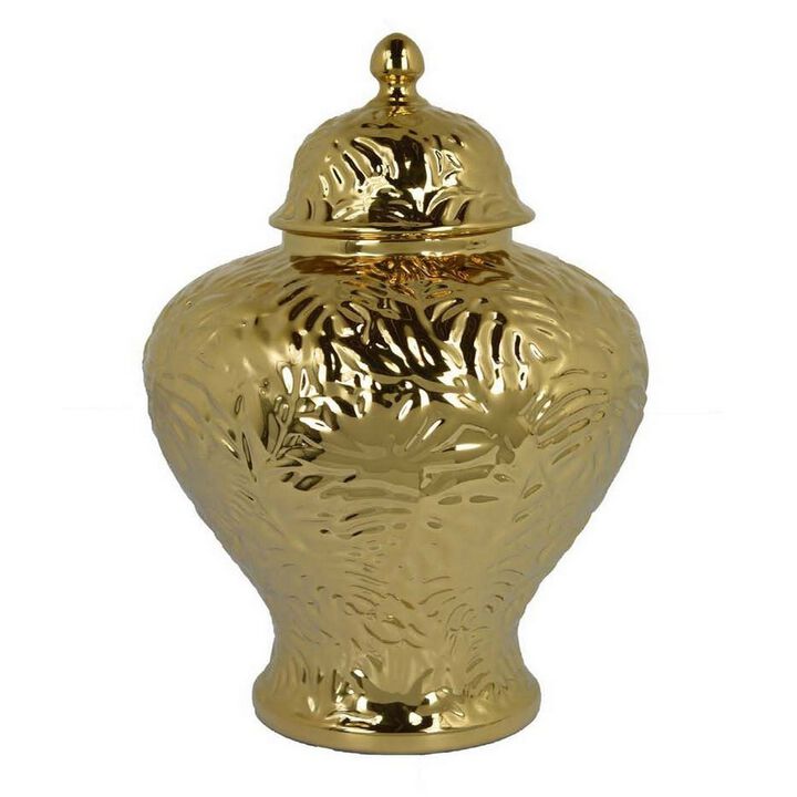 Aniea 18 Inch Accent Temple Jar, Geometric Design, Dome Lid, Gold Ceramic - Benzara