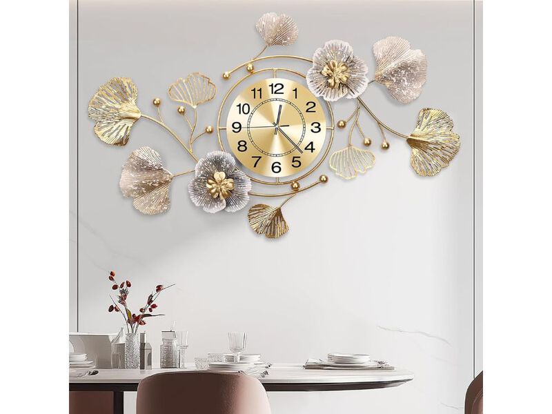 32" x 18" Large 3D Wall Clock - Silent Retro Metal Ginkgo Leaf Design for Living Room & Kitchen image number 1
