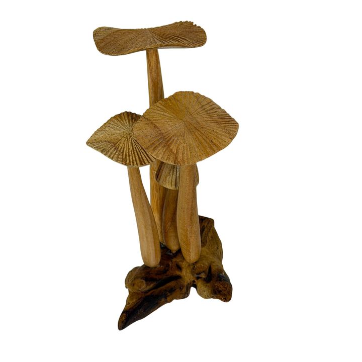 Wood Mushroom Figurine Sculpture On Root Base Natural Tabletop Accent