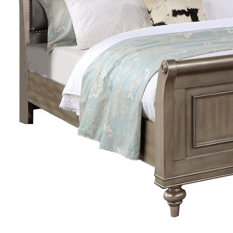 Ella Modern King Size Bed, Faux Leather Upholstery, Nailhead Trim, Gold - Benzara