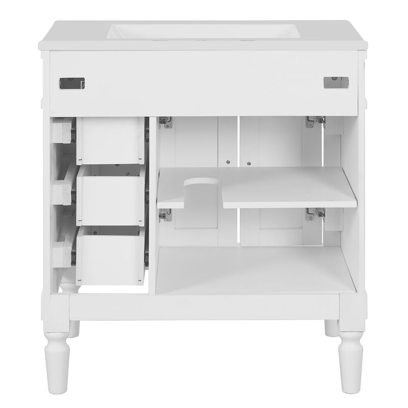 Whisen 30-Inch Modern Bathroom Vanity, Solid Wood Frame + MDF, 2 Doors 3 Drawers, Soft-Close Design, U-Shaped Adjustable Shelf, Ceramic Sink