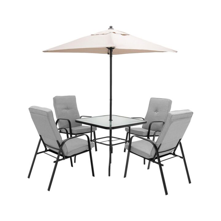 Hivvago 6 Pieces Patio Dining Set with Umbrella and Stackable Cushioned Chairs