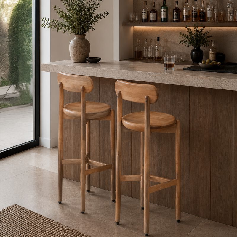 Maona Bar Stool Chair with Round Seat, Curved Open Back, Natural Brown Mango Wood image number 6