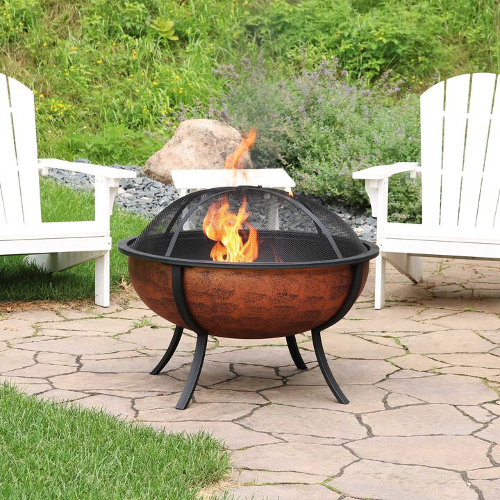 Sunnydaze 32 in Steel Fire Pit with Screen, Grate, and Poker - Copper