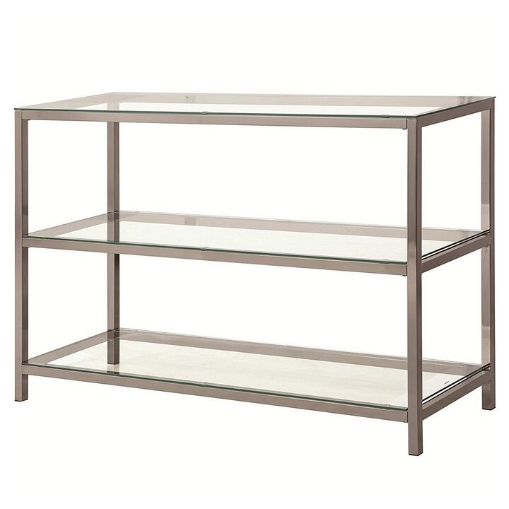 Glass and Metal Frame Sofa Table with 2 Open Shelves, Silver and Clear-Benzara