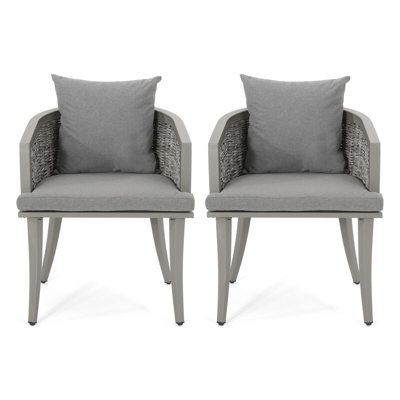 Ruble Accent Chair Set of 2, Gray Waterproof Fabric, Outdoor Rattan, Iron - Benzara