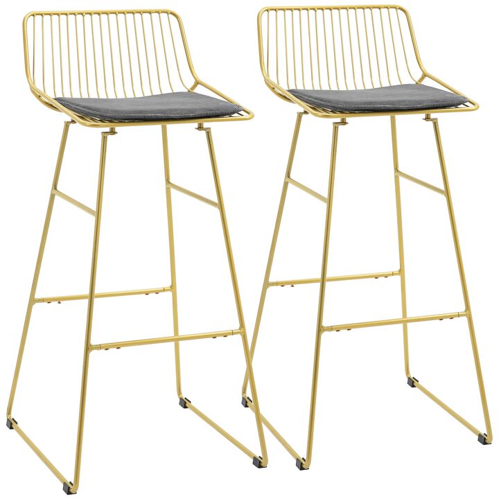 Modern Bar Stools Set of 2, Metal Wire Bar Height Barstools, Bar Chairs for Kitchen with Removable Cushion, Back and Footrest, Gold