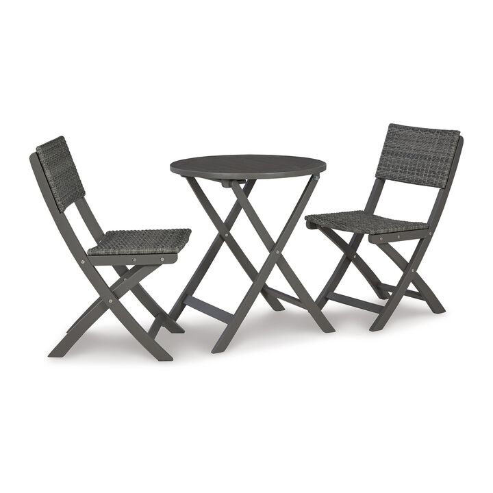 3 Piece Outdoor Table and Chair Occasional Set, Resin Wicker, Gray Wood - Benzara