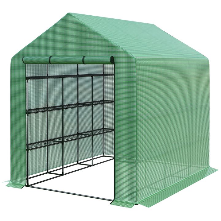 Outsunny 8' x 6' x 7' Walk-in Greenhouse with Mesh Door and Windows, 18 Shelf Hot House with Trellis, Plant Labels, UV protective for Growing Flowers, Herbs, Vegetables, Saplings, Green