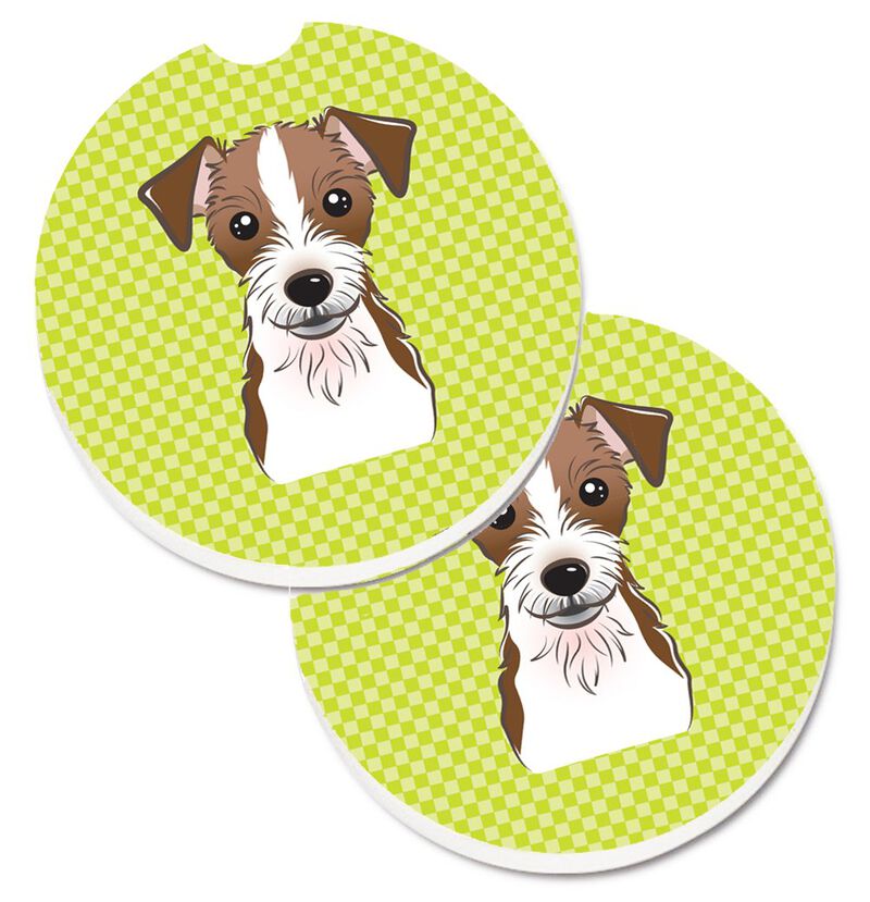Caroline's Treasures Checkerboard Lime green Jack Russell Terrier Set of 2 Cup Holder Car Coasters BB1264CARC, 2.56, Multicolor