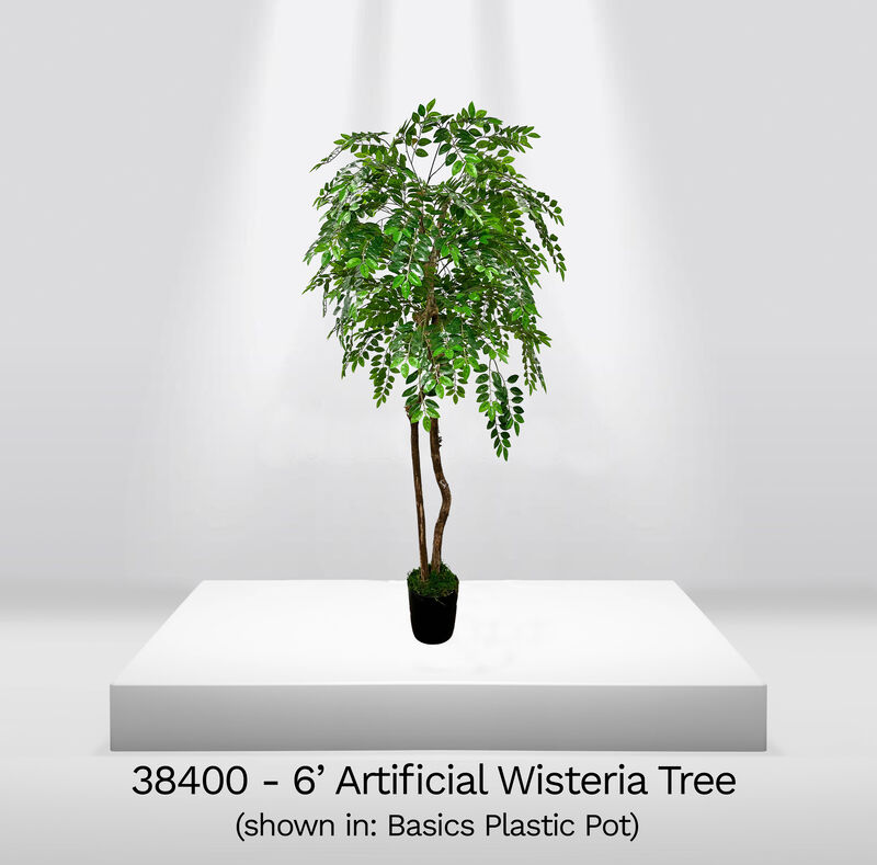 Handmade 6' Artificial Wisteria Tree In Home Basics Plastic Pot Made with Real Wood and Moss Accents