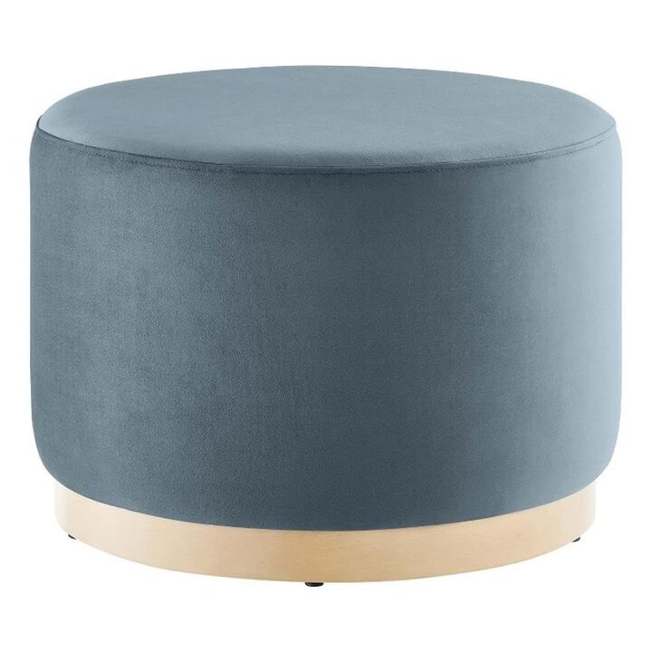 Modway Tilden 23 Inch Round Performance Velvet Upholstered Ottoman in Cadet Blue Natural - Round Ottoman Foot Rest with Rubberwood Plinth Base - Living Room Ottoman Side Table or Ottoman Coffee Table