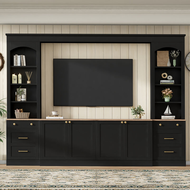 Whisen 106 Inch Farmhouse Entertainment Center with Drawers, Rustic TV Stand & Bookshelf Media Console for Living Room image number 1