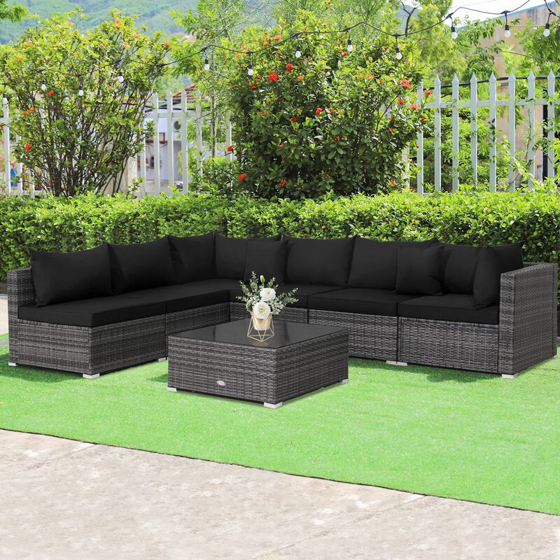 Mondawe 7 Pieces Patio Rattan Furniture Set with Sectional Sofa Cushioned