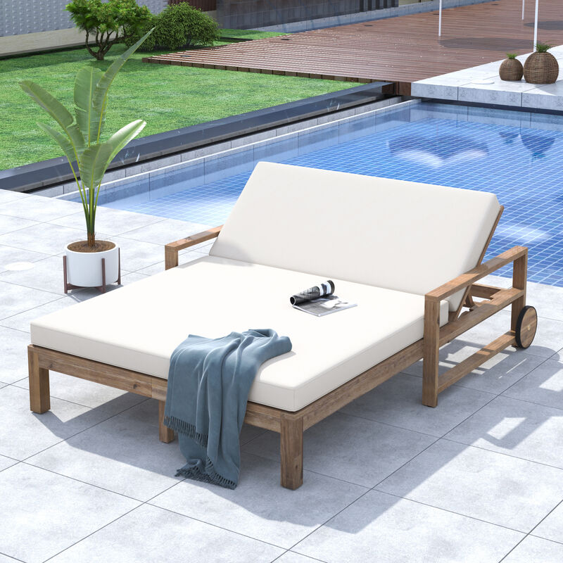 Merax Outdoor Solid Acacia Wood Adjustable Daybed with Movable Wheels & Detachable Weatherproof Cushions image number 2