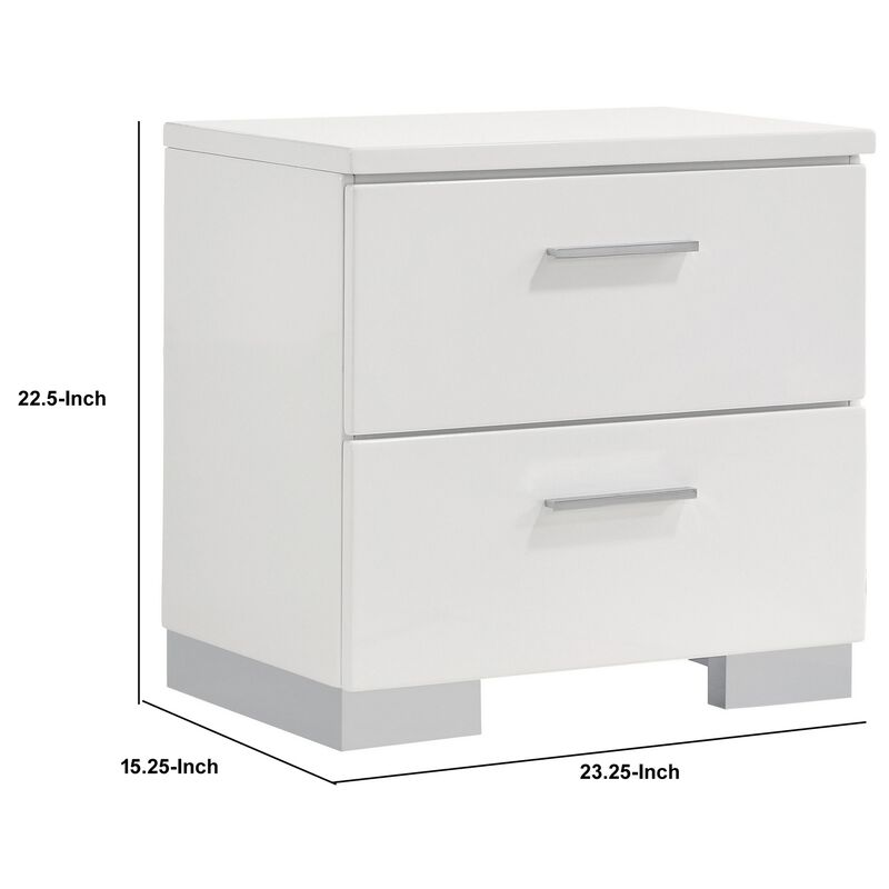 Wooden Nightstand with 2 Drawers and Chrome Metal Legs, White-Benzara