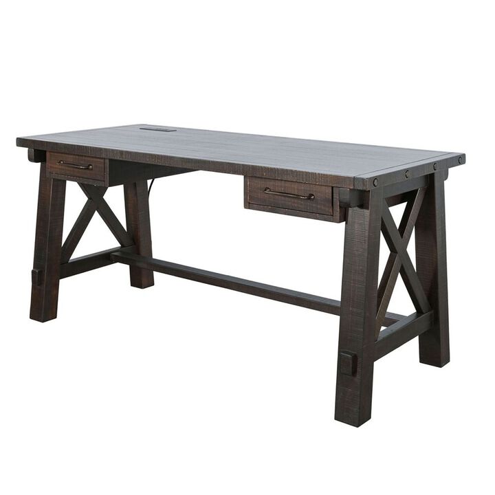 Anva Writing Desk, 58 Inch with Power Plug, Dark Brown Solid Mahogany