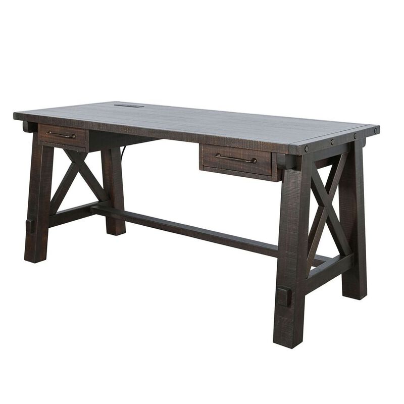 Anva Writing Desk, 58 Inch with Power Plug, Dark Brown Solid Mahogany image number 1