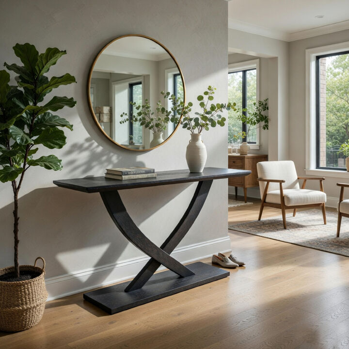 Kee Sofa Console Table , Cross Legged Pedestal Base, Navy Blue 57 Inch