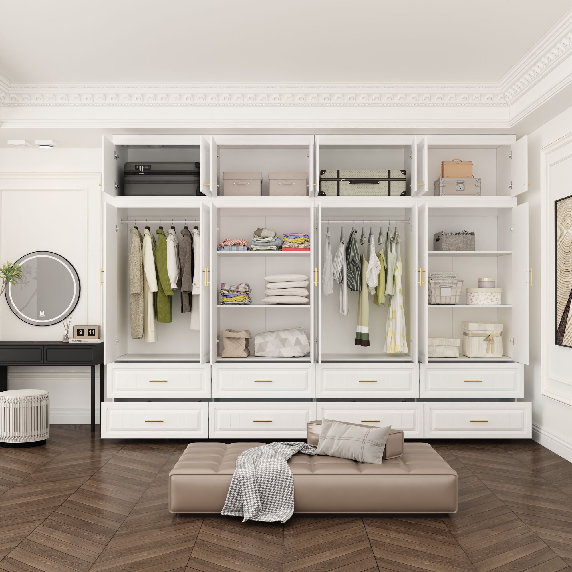 FUFU&GAGA Modern 8-Door Wardrobe with Drawers & Overhead Cabinet