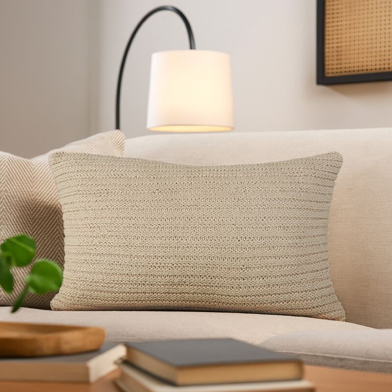 14 x 20 Lumbar Accent Throw Pillow, Ribbed Tan Brown Cotton, Polyfill - Benzara