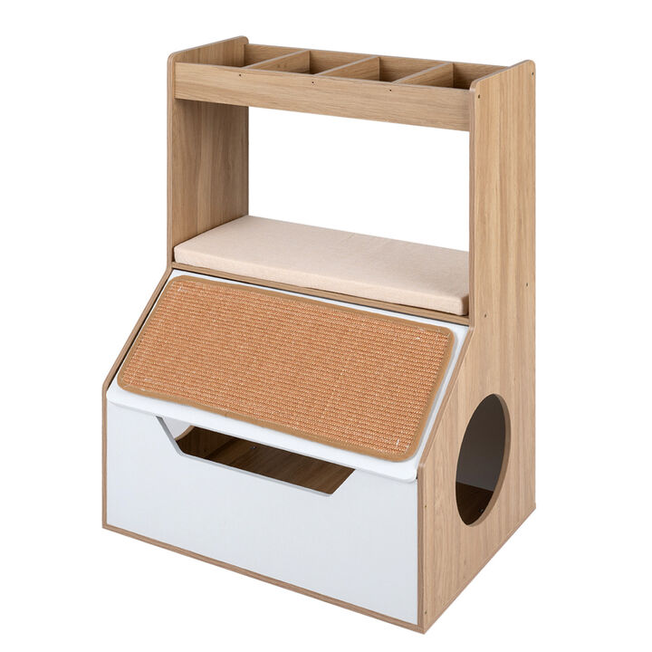 3-in-1 Pet Cat House Cabinet with 4 Cubby Spaces Cushion and Scratch Pad for Home Furniture