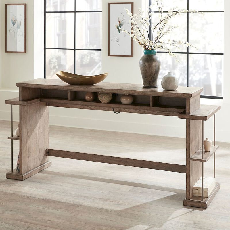 Liberty Furniture City Scape Metal Accent Oak Wood Console Bar Table for Living Room, Beige image number 9