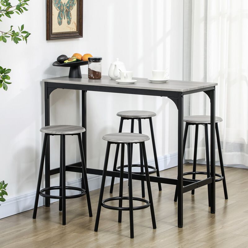 Gray Industrial Dining: 5-Piece Bar Set with Table and Round Stools