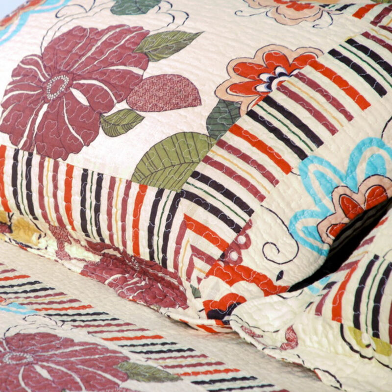 Floral Cotton Quilt Set 3 Piece, Vermicelli Quilted Bedding Ensemble-Red image number 2