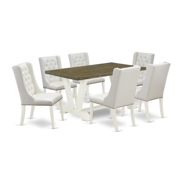 East West Furniture V076FO244-7 7-Piece Kitchen Table Set Includes 6 White Pu Leather Dining Chairs Button Tufted with Nailheads and Rectangular Dining Table - Linen White Finish