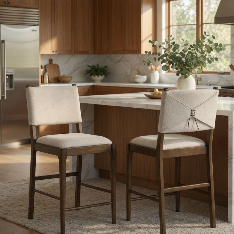 Clera Upholstered Counter Side Chair, Tie Accent, Set of 2, Brown Wood image number 1