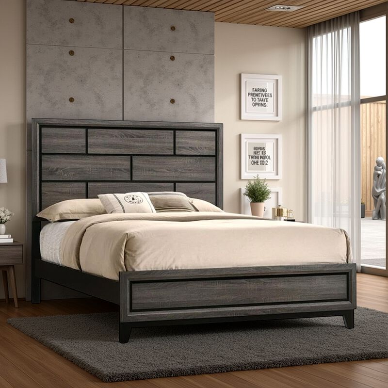 Jimi King Bed, Button Tufted Headboard, Charcoal Gray Polyester Upholstery - Benzara
