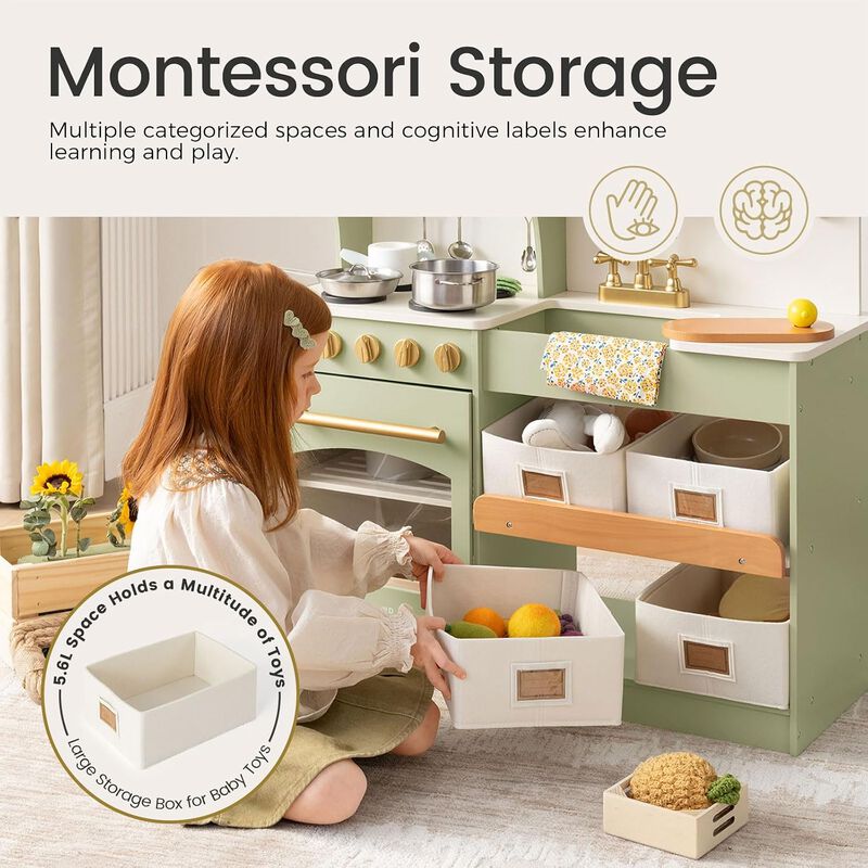 Wooden Play Kitchen with Toy Storage, Built-In Cabinets, Felt Bins & Cookware Accessories Make Cleanup Easy While Encouraging Organizational Skills image number 4