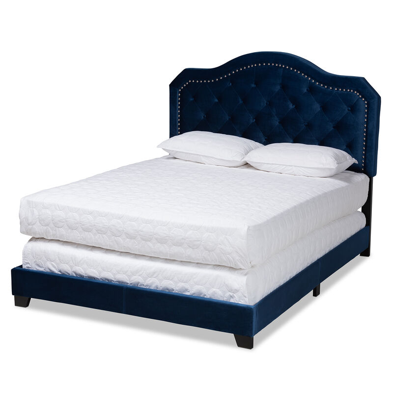 Baxton Studio Samantha Modern Navy Velvet Fabric Upholstered Queen Size Button Tufted Bed