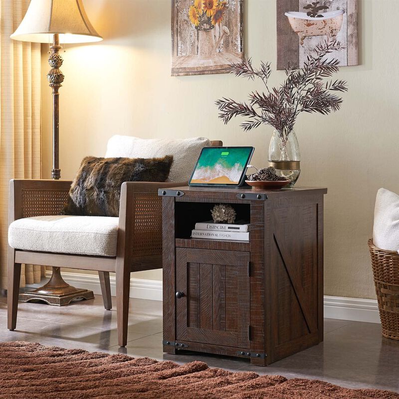 24" Farmhouse Nightstand with Charging Station, Barn Door Side Table, Open & Closed Storage image number 3