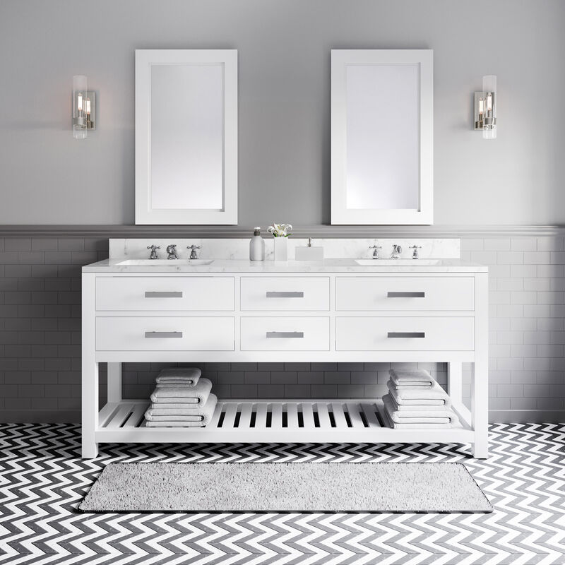 Madalyn 72 In. Double Sink Carrara White Marble Countertop Bath Vanity in Pure White