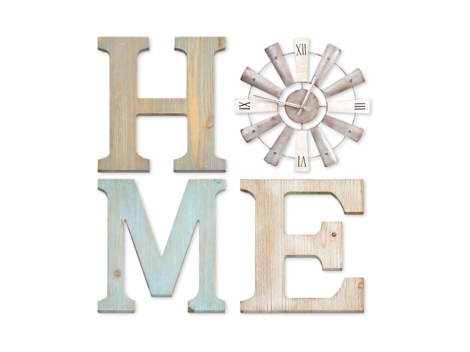 Farmhouse Windmill Wall Clock - Rustic Home Letters Decor for Living Room & Entryway