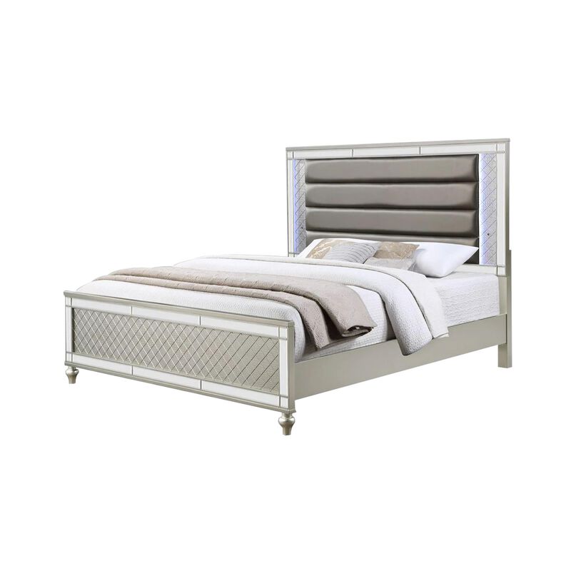 Benjara Cristo Queen Size Bed, Fabric Upholstery, Wood, Mirror Trim, Champagne Silver and Gray