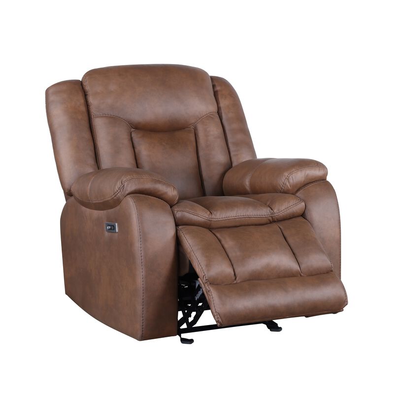 Olaf Power Recliner Chair, Chaise Footrest, Saddle Brown Faux Leather - Benzara image number 2