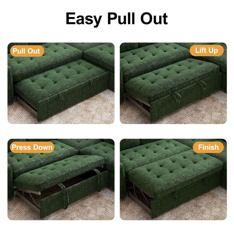 102" L-Shaped Chenille Modular Sectional Sleeper Sofa with Pullout Bed, Reclining Backrest, USB image number 3