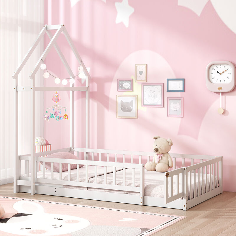 House Floor Bed with House-Shaped Headboard, Fun Kids&rsquo; Bed for Bedroom Decor