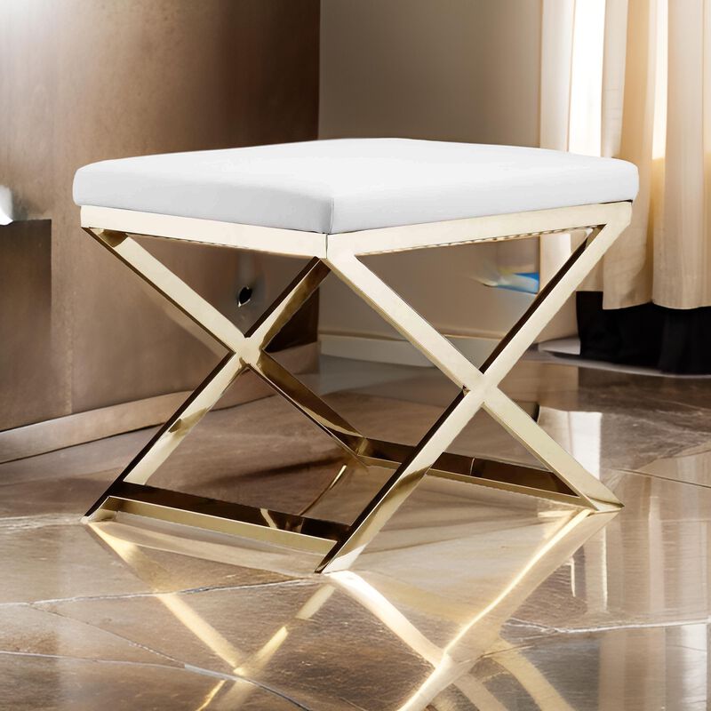 Sovi 20 Inch Ottoman Stool, White Faux Leather Seat, Stainless Steel Frame, Gold - Benzara