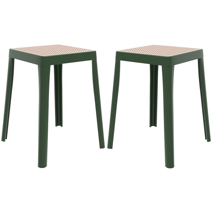 LeisureMod Tresse Stackable Square Dining Stool with Wicker Top, Lightweight Durable Design for Kitchen, Garden, Balcony, Cafe, Deck, or Terrace Use, Set of 2
