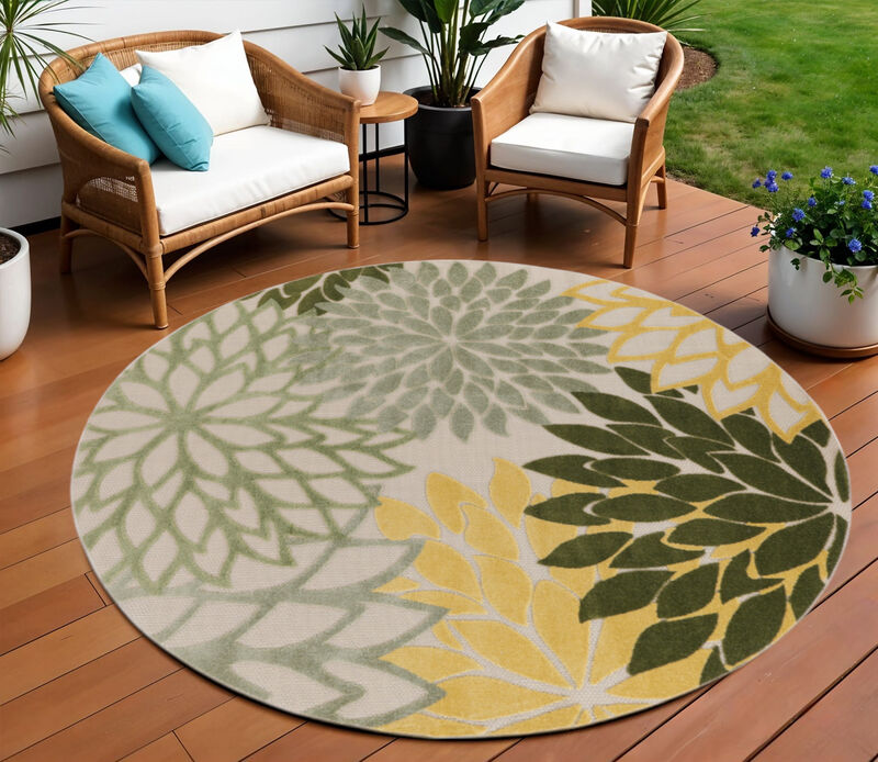 HomeRoots 8' Ivory Green And Yellow Round Floral Indoor Outdoor Area Rug image number 1