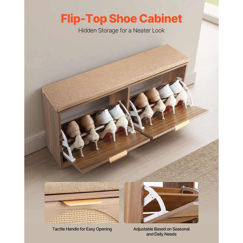 Entryway Shoe Bench with Cushion, Flip Drawers and Rattan Storage Doors image number 5