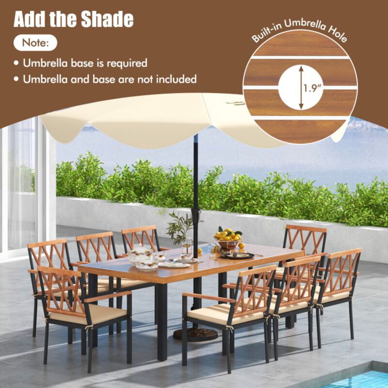 Mondawe 9-Pcs Patio Dinner Set,79" Acacia Table With Umbrella Hole & 8 Removable Cushions Armchairs